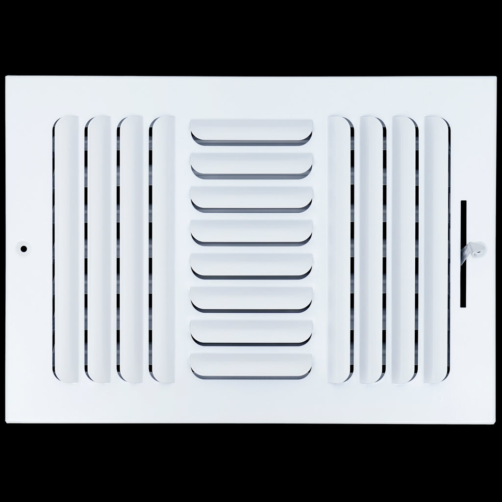 airgrilles 12"w x 8"h 3 way fixed curved blade air supply diffuser  -  register vent cover grill for sidewall and ceiling  -  white  -  outer dimensions: 13.75"w x 9.75"h hnd-cb-wh-3way-12x8  - 1